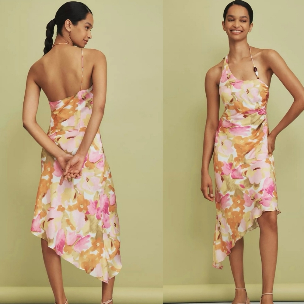 Bardot Andy Floral Print Halter Neck Sleeveless Beaded Strap Asymmetrical Dress